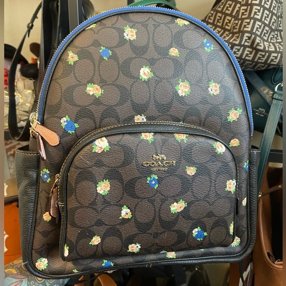 coach addison backpack in signature canvas Black Nylon & Leather Signature coated canvas and smooth leather Inside zip cell phone and multifunction pockets Laptop compartment with zip closure Zip closure recycled polyester lining Top handle with 3 drop Outside zip pocket Luggage sleeve Adjustable shoulder straps Fits a 16 laptop 11 3/4 (L) x 16 1/2 (H) x 6 (W) Style No. Aiden Backpack In Signature Canvas